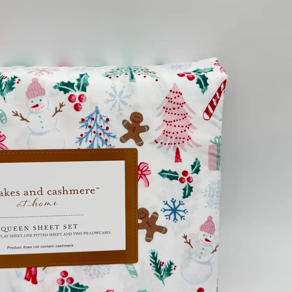Cupcakes & Cashmere QUEEN Christmas Sheet Set Gingerbread Man Snowman Gifts NEW